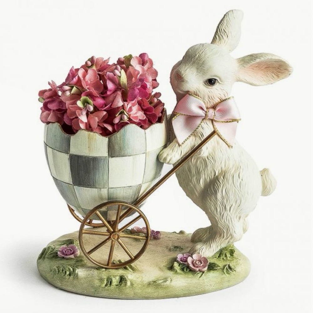 MacKenzie-Childs White Bunny Figurine with Pink Bow and Pink Flowers